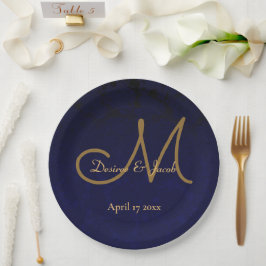 Prato De Papel Monograma de Casamento Floral Dourado Azul, Marinh