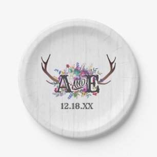 Prato De Papel Monograma de Casamento Russo do Buquê Antler Deer