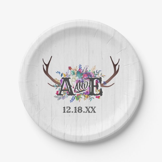 Prato De Papel Monograma de Casamento Russo do Buquê Antler Deer  (Frente)
