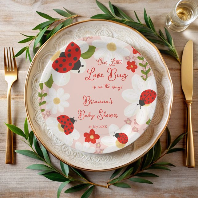 Prato De Papel Monograma de chá de fraldas de joanilha inseto (Love bug cute ladybug baby shower monogrammed paper plates personalized ladybug table decor)