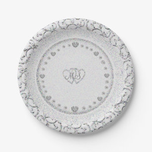 Prato De Papel Monograma de Corações de Literatura   Casamento