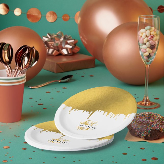 Prato De Papel Monograma de Drives Metálicos Dourados Trendy (Múltiplo)