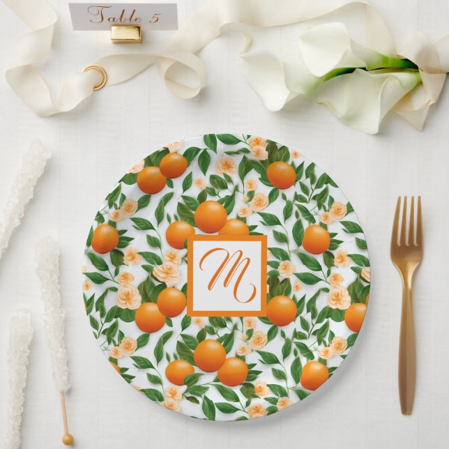 Prato De Papel Monograma de Flor de Laranjeira de Valência (Casamento)