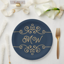 Prato De Papel Monograma de Floreio Elegante Azul-Elegante Dourad