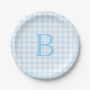 Prato De Papel Monograma de Gingham Branco e Azul Pastel