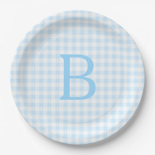 Prato De Papel Monograma de Gingham Branco e Azul Pastel