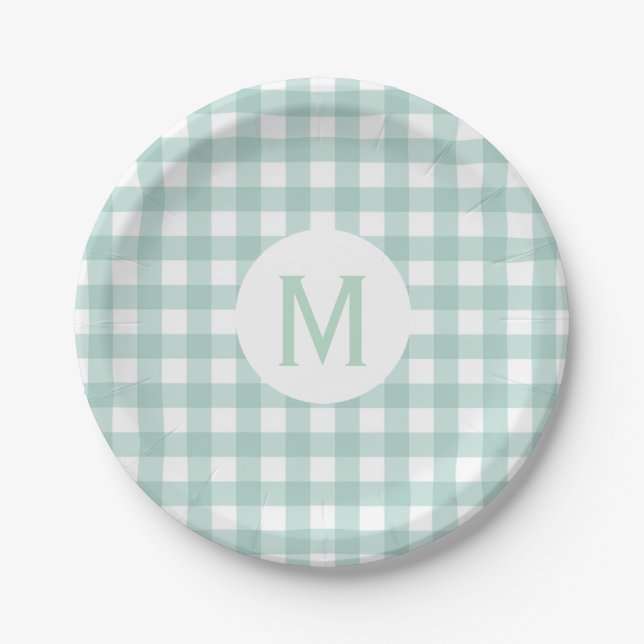 Prato De Papel Monograma de Gingham Verde Básico Simples (Frente)