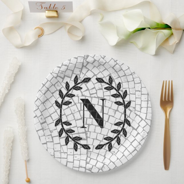 Prato De Papel Monograma de Impressão Mosaico (Casamento)