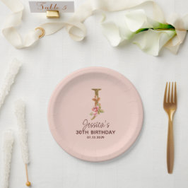 Prato De Papel Monograma de letra J dourada com rosas cor-de-rosa