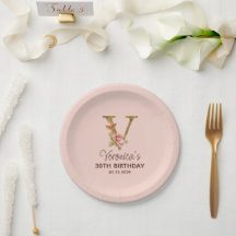Monograma de letra V dourada com rosas cor de rosa