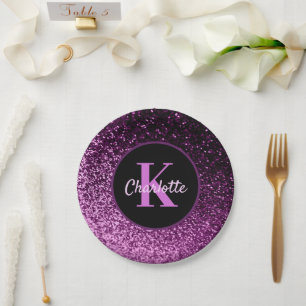 Prato De Papel Monograma de luxo roxo rosa brilhante de aniversár