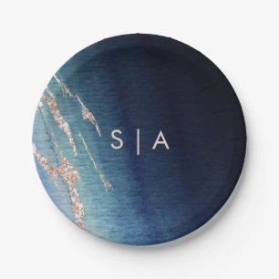Prato De Papel Monograma de marinho Azul de Agate e Rosa de Casam
