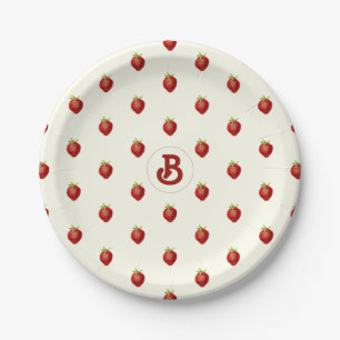 Prato De Papel Monograma de Nome de Morango Branco Vermelho Fofo