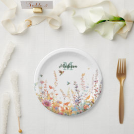 Prato De Papel Monograma de Nome Personalizado com Flores Silvest