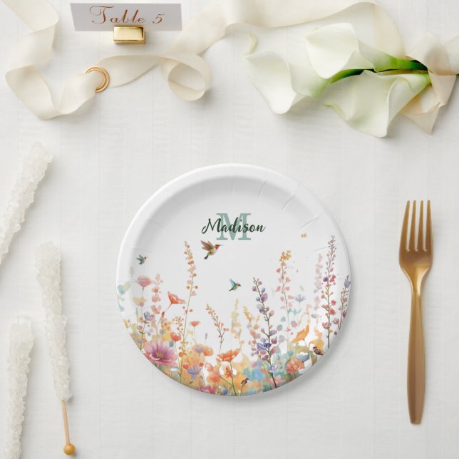 Prato De Papel Monograma de Nome Personalizado com Flores Silvest (Casamento)