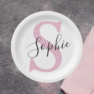 Prato De Papel Monograma de Nome Personalizado Moderno - Rosa