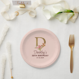 Prato De Papel Monograma de Ouro com Letra D e Rosas Rosa Bege