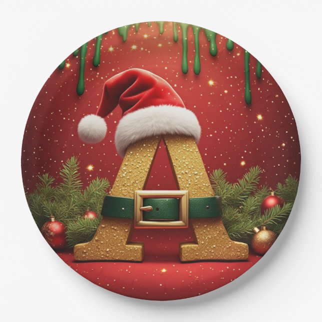 Prato De Papel Monograma de Papai Noel A Para Presentes de Natal (Frente)