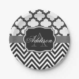Prato De Papel Monograma de Quatrefoil Chevron