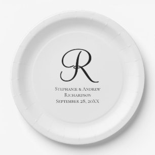 Prato De Papel Monograma de Rótulo Preto Branco Casamento Elegant