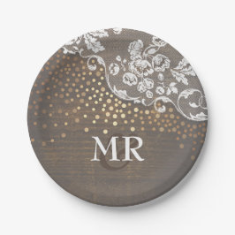 Prato De Papel Monograma Dourado de Casamento de Madeira Confetti