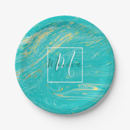 Prato De Papel Monograma Dourado de design azul-luxuoso Elegante
