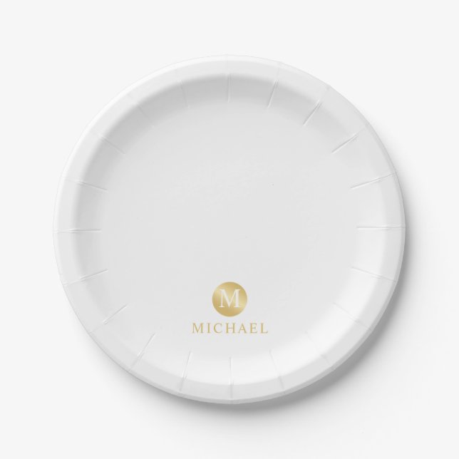 Prato De Papel Monograma Dourado e branco de luxo (Frente)