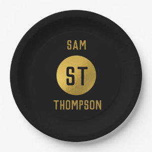 Prato De Papel Monograma Dourado e negro elegante