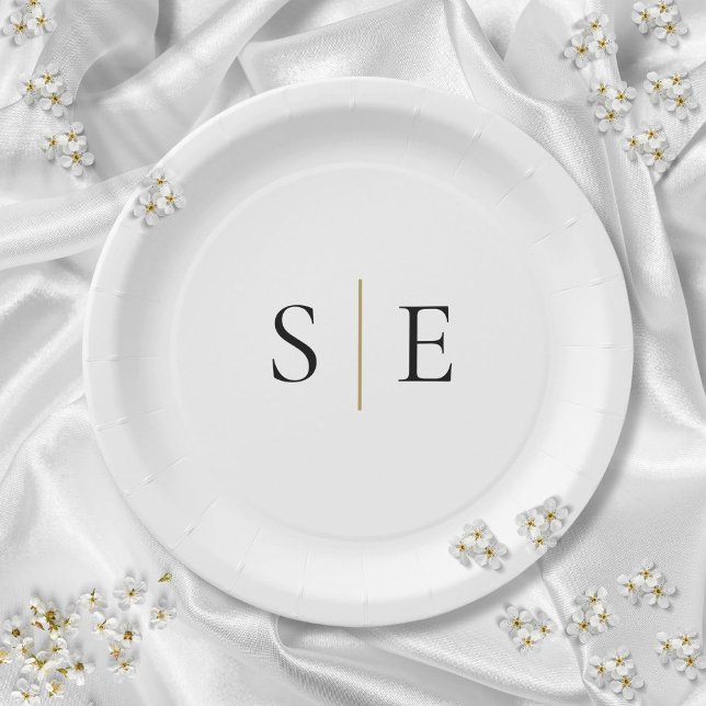 Prato De Papel Monograma Dourado Elegante Minimalista (Elegant Black Gold Monogram Minimalist Paper Plates)