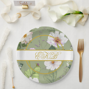 Prato De Papel Monograma Dourado Floral Elegante Moderno Verde