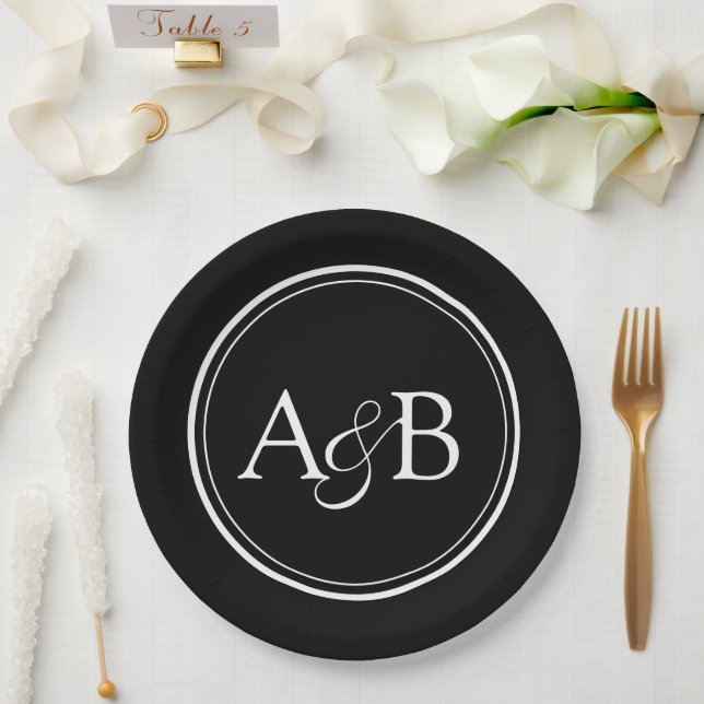 Prato De Papel Monograma e E comercial Casal Preto e Branco (Casamento)