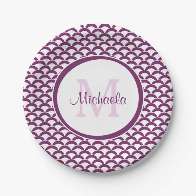 Prato De Papel Monograma e Nome Modernos em Roxo e Branco com Con (Frente)
