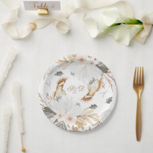 Prato De Papel Monograma Elegante Boho Flores e Aves Aquáticas