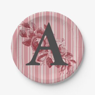 Prato De Papel Monograma em Rosas de Couve Vermelho Rosa Floral
