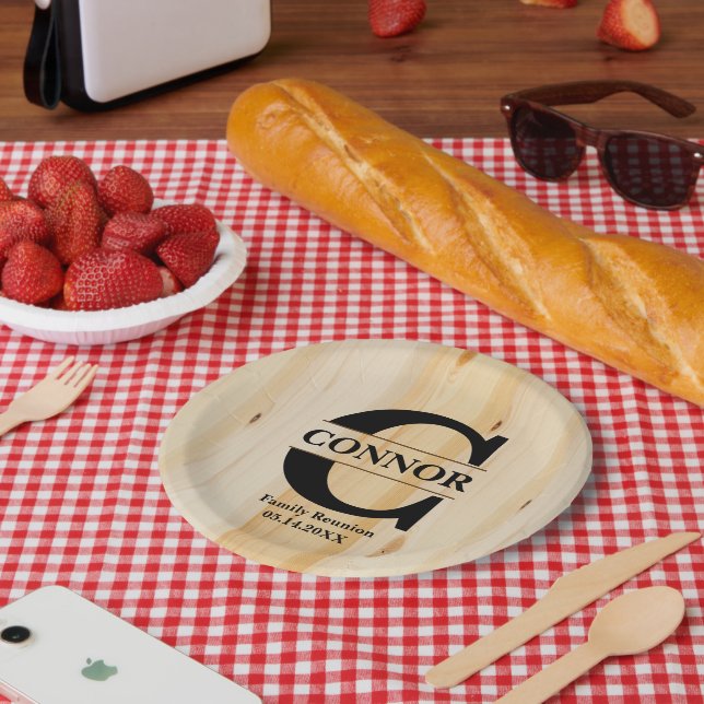 Prato De Papel Monograma Faux Butcher Block Wood | Personalizado (Piquenique)