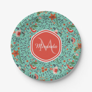 Prato De Papel Monograma floral alaranjado e vermelho de