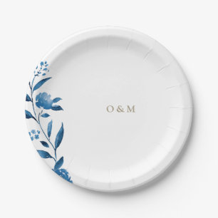 Prato De Papel Monograma floral azul de Chinoiserie Casamento