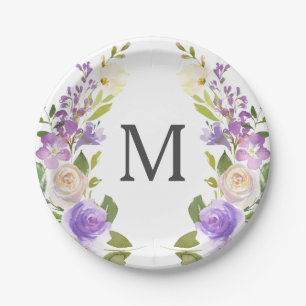 Prato de Papel Monograma Floral de Lavanda para Ch
