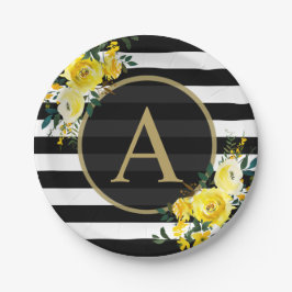 Prato De Papel Monograma FLORAL DOURADO AMARELO Branco Estimulado
