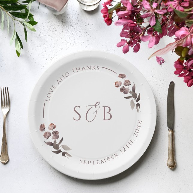 Prato De Papel Monograma Inicial Floral Roxo Casamento (Criador carregado)