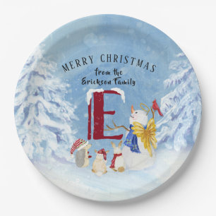 Prato De Papel Monograma - Letra E Natal Snowman Angel Woodland