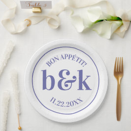 Prato De Papel Monograma Mínimo Moderno Inicial Casamento Roxo