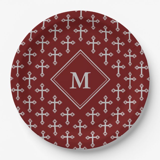 Prato De Papel Monograma Moderno Cross Burgundy Silver (Frente)