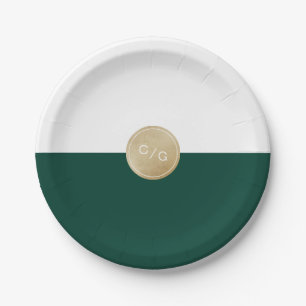Prato De Papel Monograma moderno de casamento verde minimalista