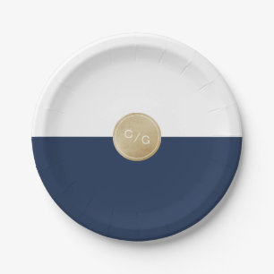 Prato De Papel Monograma moderno minimalista azul marinho