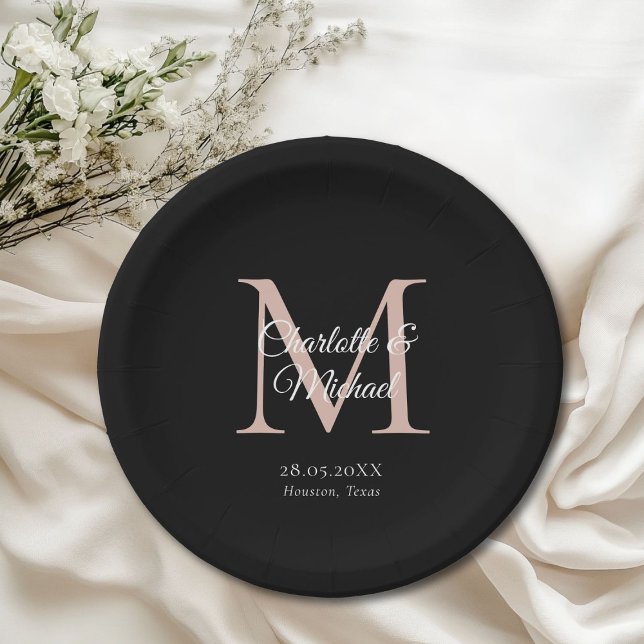 Prato De Papel Monograma Moderno Mínimo (Monogram Modern Minimal Wedding Paper Plates with your names and date.)