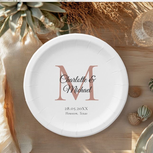 Prato De Papel Monograma Moderno Mínimo (Monogram Modern Minimal Wedding Paper Plates with your names and date.)