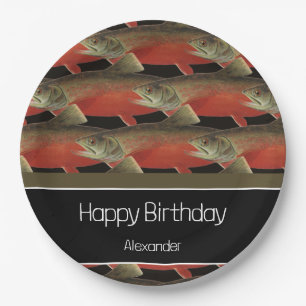 Prato De Papel Monograma Moderno Peixe Salmão Design Negro Vermel