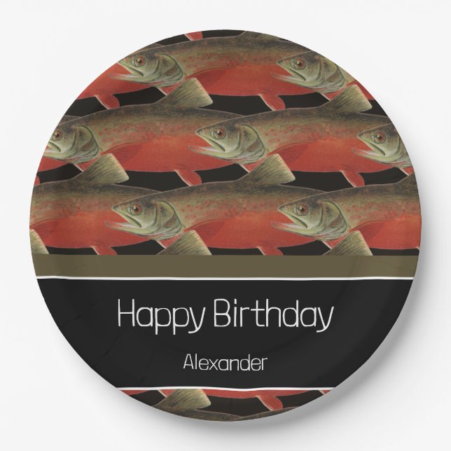 Prato De Papel Monograma Moderno Peixe Salmão Design Negro Vermel (Frente)