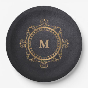 Prato De Papel Monograma negro de mandala ornamental luxuosa